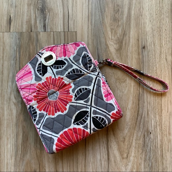 VERA BRADLEY Wallet Wristlet Cheery Blossoms Turn Lock Envelope Gray Red Pink - Picture 8 of 13